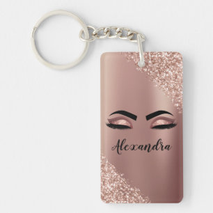 Rose Gold Blush Pink Monogram Glitter Eyelashes Key Ring