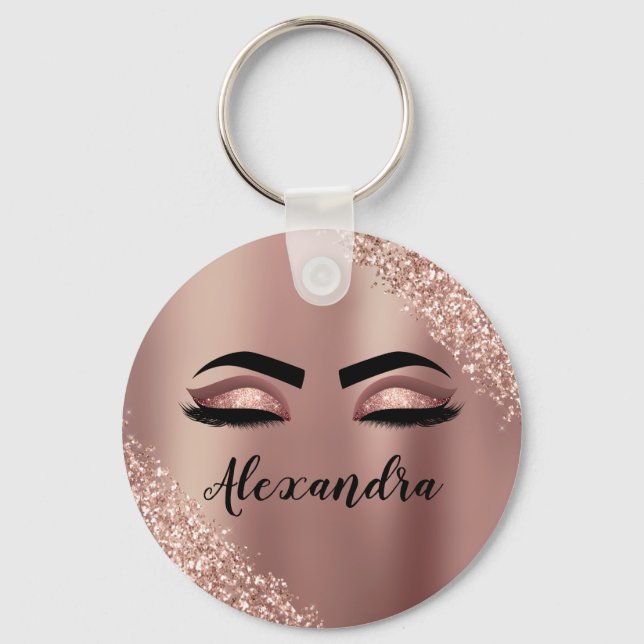 Rose Gold Blush Pink Monogram Glitter Eyelashes Key Ring (Front)