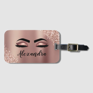 Rose Gold Blush Pink Monogram Glitter Eyelashes Luggage Tag