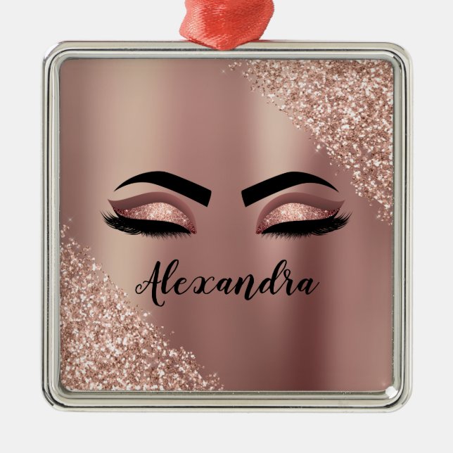 Rose Gold Blush Pink Monogram Glitter Eyelashes Metal Tree Decoration (Front)