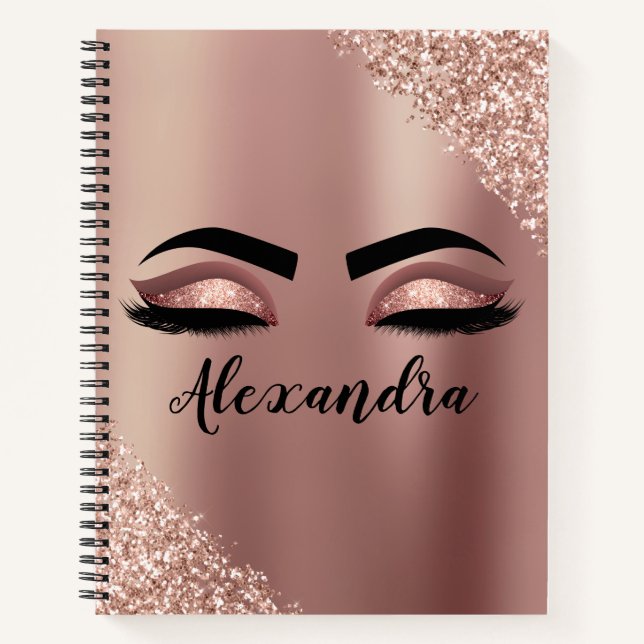 Rose Gold Blush Pink Monogram Glitter Eyelashes Notebook (Front)