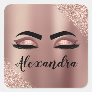 Rose Gold Blush Pink Monogram Glitter Eyelashes Square Sticker