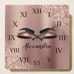 Rose Gold Blush Pink Monogram Glitter Eyelashes Square Wall Clock<br><div class="desc">Rose Gold - Blush Pink Faux Foil Metallic Sparkle Glitter Brushed Metal Monogram Name and Initial Eyelashes (Lashes), Eyelash Extensions and Eyes cute wall clock. The design makes the perfect sweet 16 birthday, wedding, bridal shower, anniversary, baby shower or bachelorette party gift for someone looking for a trendy cool style....</div>