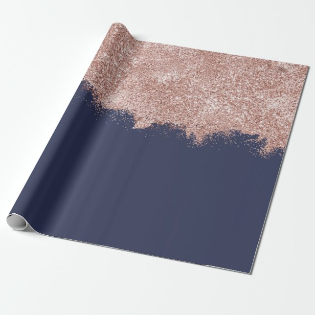 Rose Gold Blush Pink Navy Blue Girly Glitter Dust Wrapping Paper (Unrolled)