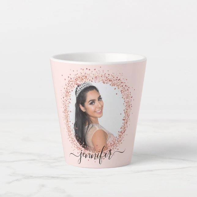 Rose gold blush pink photo name script latte mug (Front)