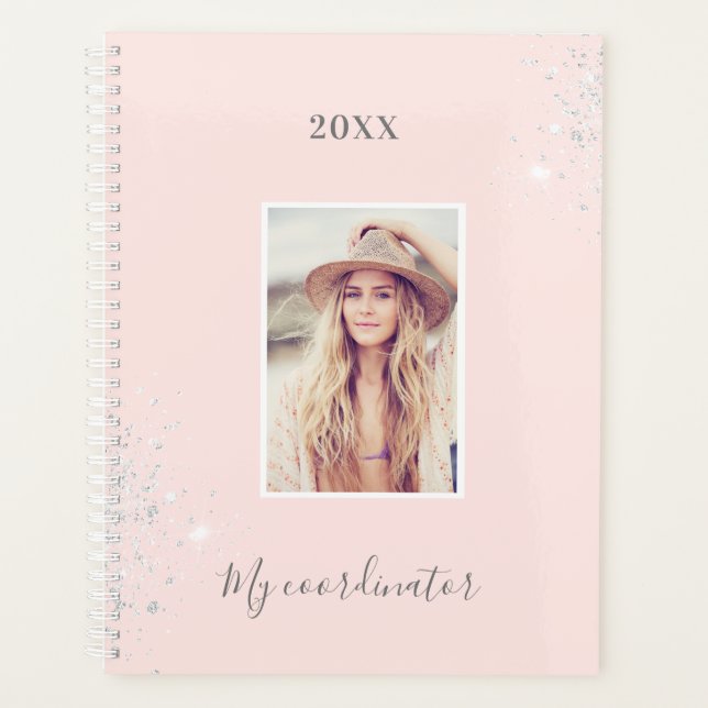 Rose gold blush pink photo silver glitter planner (Front)