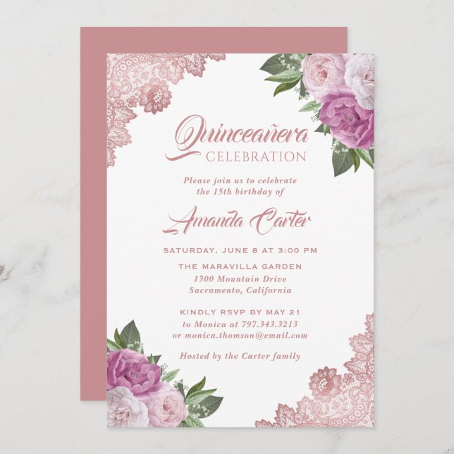 Rose Gold Blush Pink Quinceañera 15th Birthday Invitation (Front/Back)