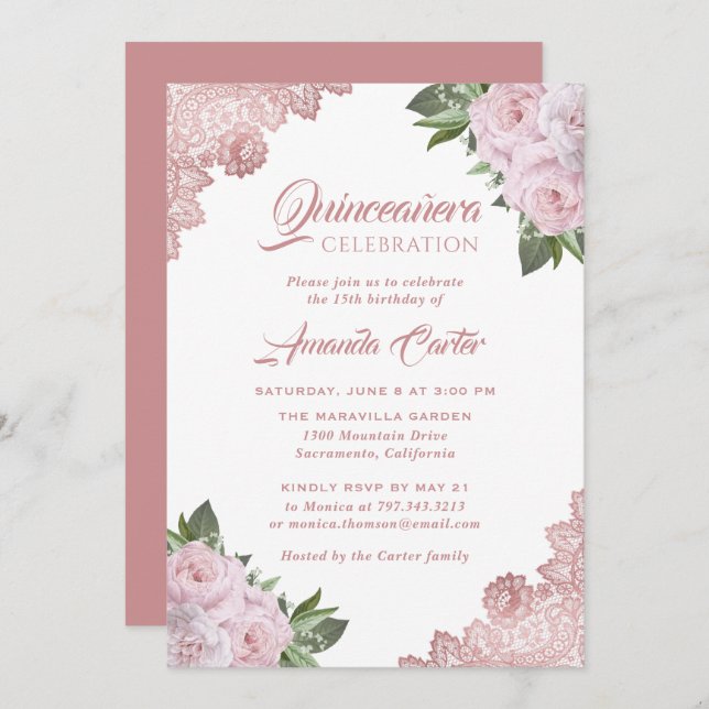 Rose Gold Blush Pink Quinceañera 15th Birthday Invitation (Front/Back)