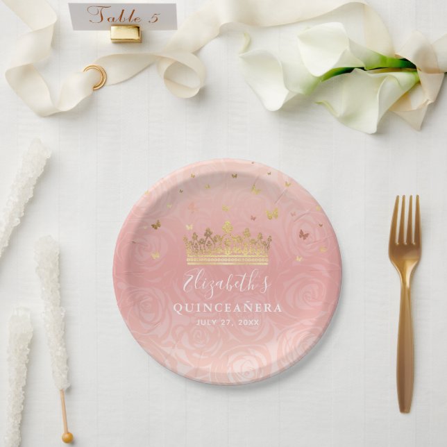 Rose Gold Blush Pink Quinceanera Birthday Party Paper Plate (Wedding)
