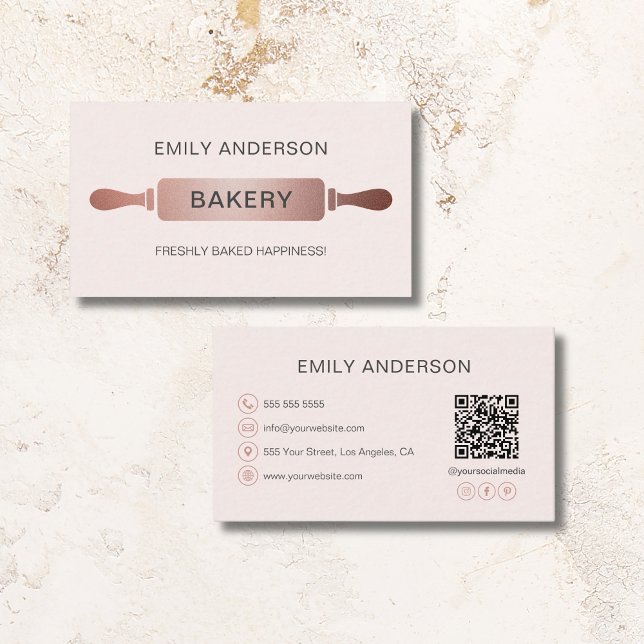 Rose Gold Blush Pink Rolling Pin Bakery Business Card (Rose Gold Blush Pink Rolling Pin Bakery Business Card)