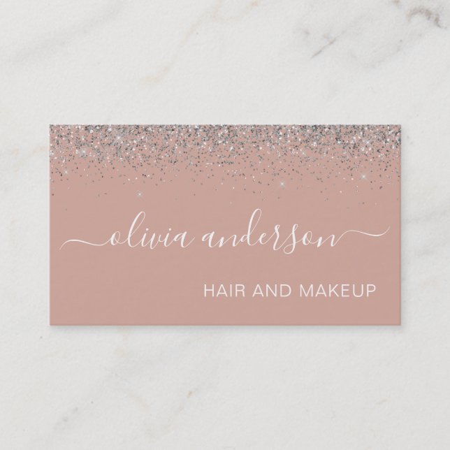 Rose Gold Blush Pink Silver Glitter Hair Makeup Business Card (Front)