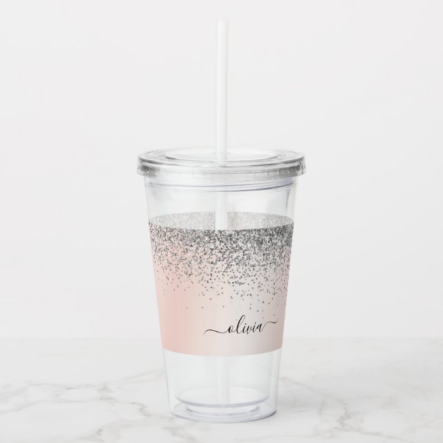 Rose Gold - Blush Pink Silver Glitter Monogram Acrylic Tumbler (Front)