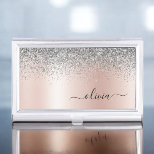 Rose Gold - Blush Pink Silver Glitter Monogram Business Card Holder