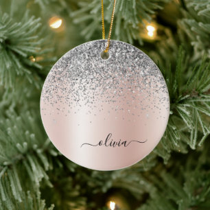 Rose Gold - Blush Pink Silver Glitter Monogram Ceramic Tree Decoration
