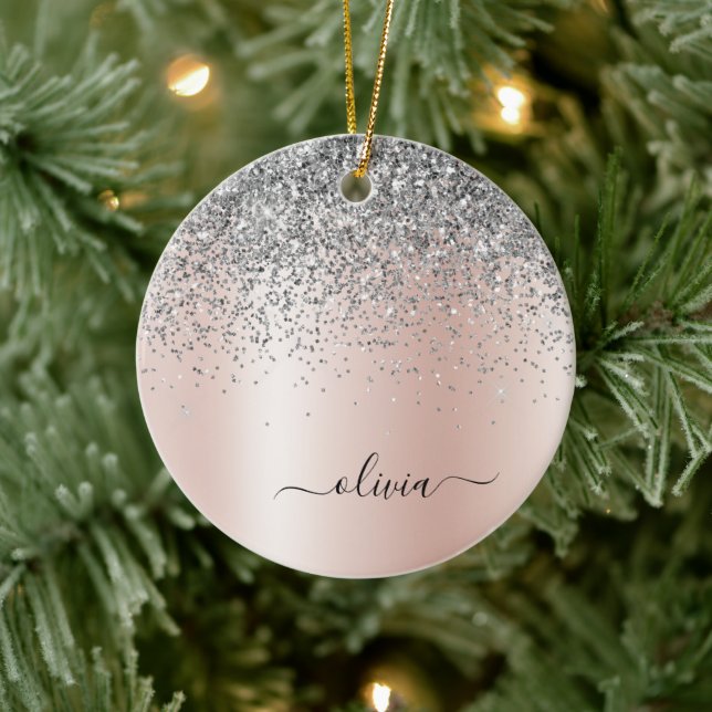 Rose Gold - Blush Pink Silver Glitter Monogram Ceramic Tree Decoration (Tree)