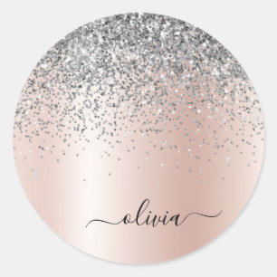 Rose Gold - Blush Pink Silver Glitter Monogram Classic Round Sticker