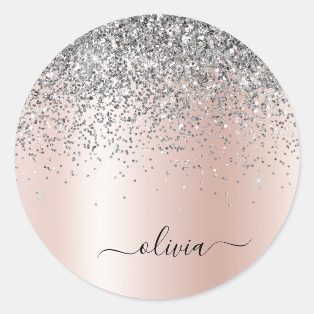 Rose Gold - Blush Pink Silver Glitter Monogram Classic Round Sticker (Front)
