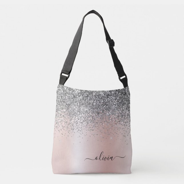 Rose Gold - Blush Pink Silver Glitter Monogram Crossbody Bag (Front)