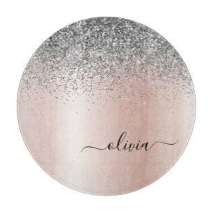 Rose Gold - Blush Pink Silver Glitter Monogram Cutting Board