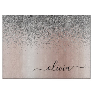 Rose Gold - Blush Pink Silver Glitter Monogram Cutting Board