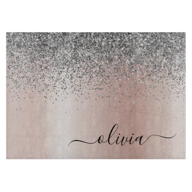 Rose Gold - Blush Pink Silver Glitter Monogram Cutting Board (Front)