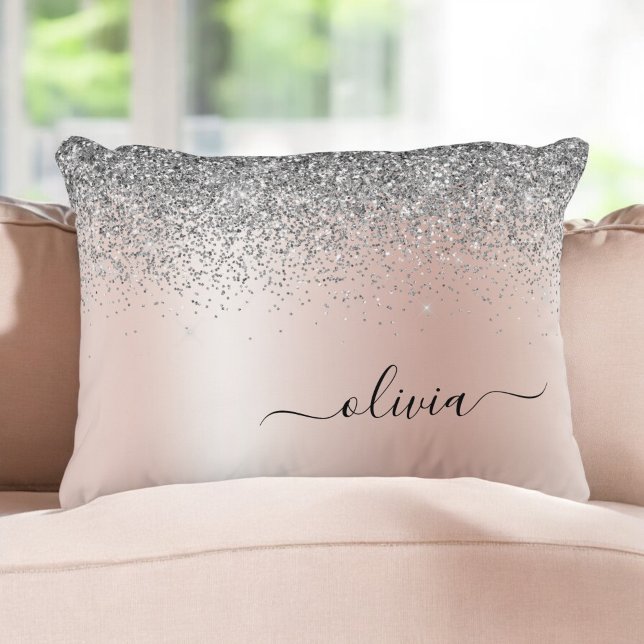 Rose Gold - Blush Pink Silver Glitter Monogram Decorative Cushion (Creator Uploaded)