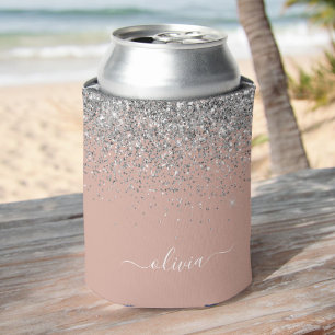 Rose Gold Blush Pink Silver Glitter Monogram Girly Can Cooler