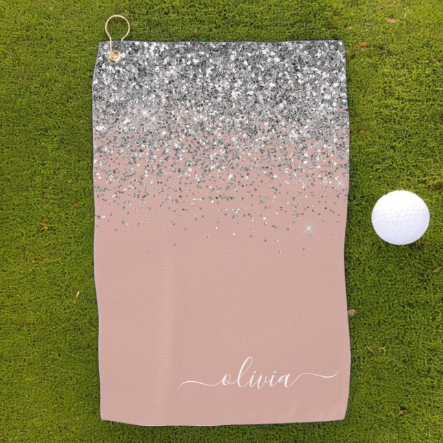 Rose Gold Blush Pink Silver Glitter Monogram Girly Golf Towel (Creator Uploaded)