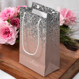 Rose Gold Blush Pink Silver Glitter Monogram Girly Small Gift Bag