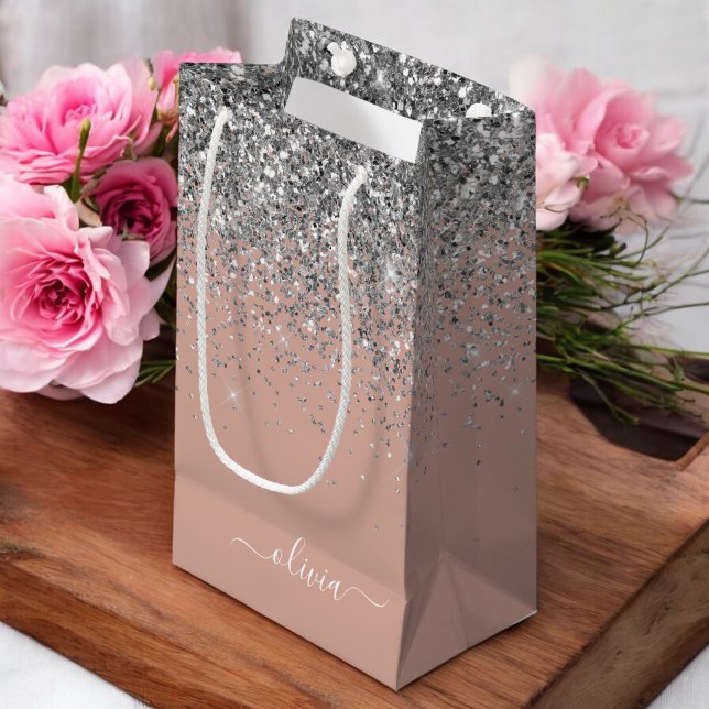 Rose Gold Blush Pink Silver Glitter Monogram Girly Small Gift Bag (Creator Uploaded)