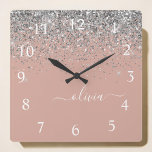 Rose Gold Blush Pink Silver Glitter Monogram Girly Square Wall Clock<br><div class="desc">Rose Gold - Blush Pink and Silver Sparkle Glitter Script Monogram Name Clock. This makes the perfect sweet 16 birthday,  wedding,  bridal shower,  anniversary,  baby shower or bachelorette party gift for someone that loves glam luxury and chic styles.</div>