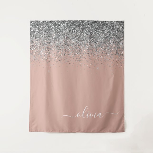 Rose Gold Blush Pink Silver Glitter Monogram Girly Tapestry (Front)
