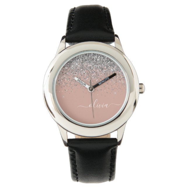 Rose Gold Blush Pink Silver Glitter Monogram Girly Watch (Front)