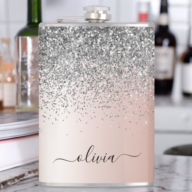 Rose Gold - Blush Pink Silver Glitter Monogram Hip Flask (Creator Uploaded)