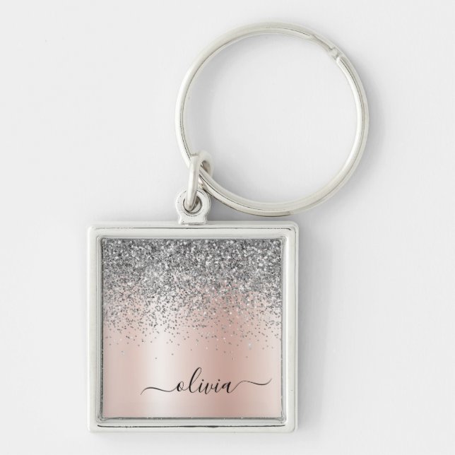 Rose Gold - Blush Pink Silver Glitter Monogram Key Ring (Front)