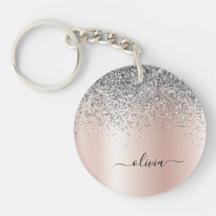 Rose Gold - Blush Pink Silver Glitter Monogram Key Ring