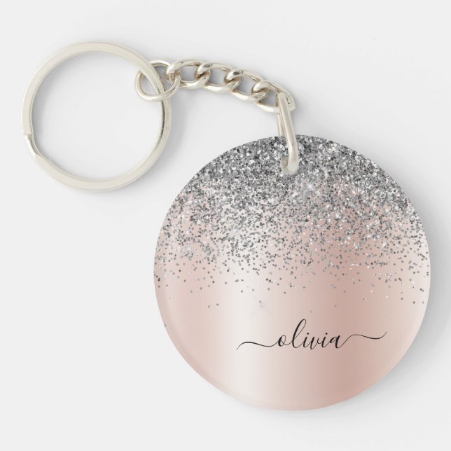 Rose Gold - Blush Pink Silver Glitter Monogram Key Ring (Front)