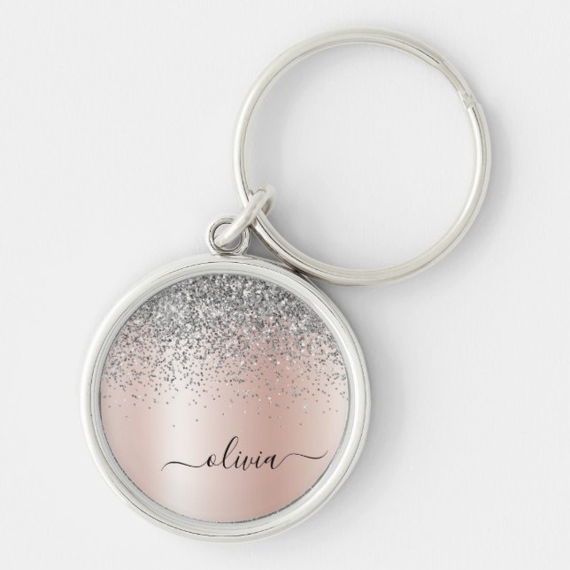 Rose Gold - Blush Pink Silver Glitter Monogram Key Ring (Front)