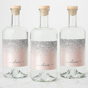 Rose Gold - Blush Pink Silver Glitter Monogram Liquor Bottle Label