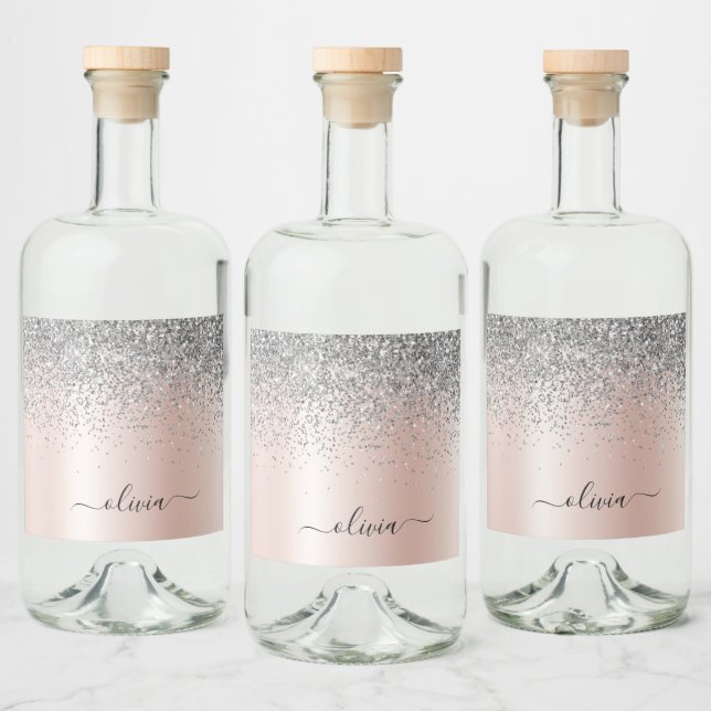 Rose Gold - Blush Pink Silver Glitter Monogram Liquor Bottle Label (Bottles)