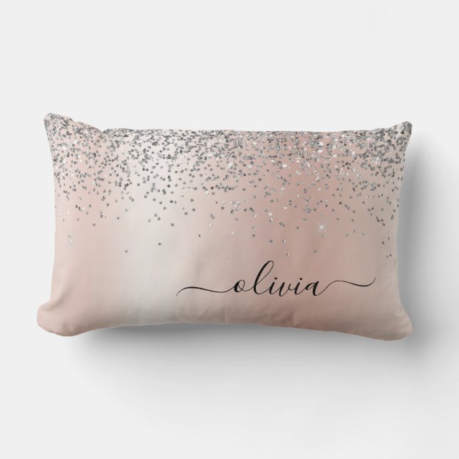 Rose Gold - Blush Pink Silver Glitter Monogram Lumbar Cushion (Front)