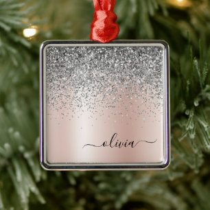 Rose Gold - Blush Pink Silver Glitter Monogram Metal Tree Decoration