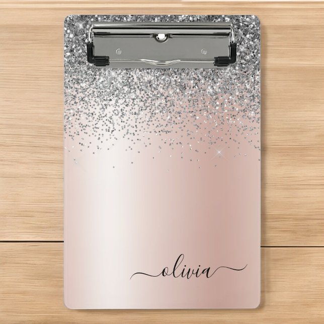 Rose Gold - Blush Pink Silver Glitter Monogram Mini Clipboard (Creator Uploaded)