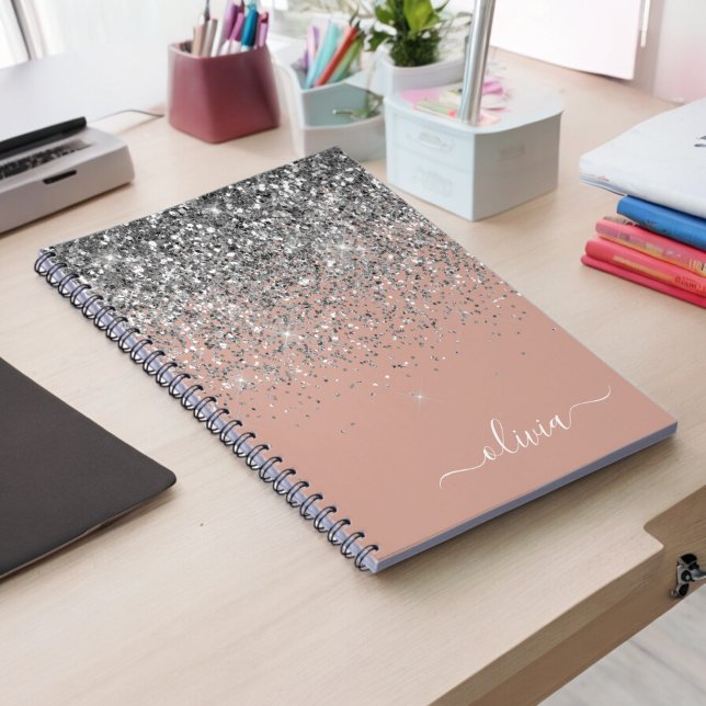 Rose Gold Blush Pink Silver Glitter Monogram Notebook (Creator Uploaded)