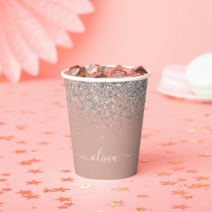 Rose Gold Blush Pink Silver Glitter Monogram Paper Cups