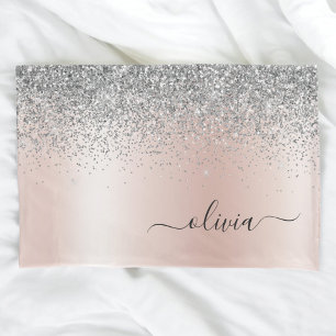 Rose Gold - Blush Pink Silver Glitter Monogram Pillowcase