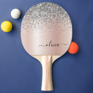 Rose Gold - Blush Pink Silver Glitter Monogram Ping Pong Paddle