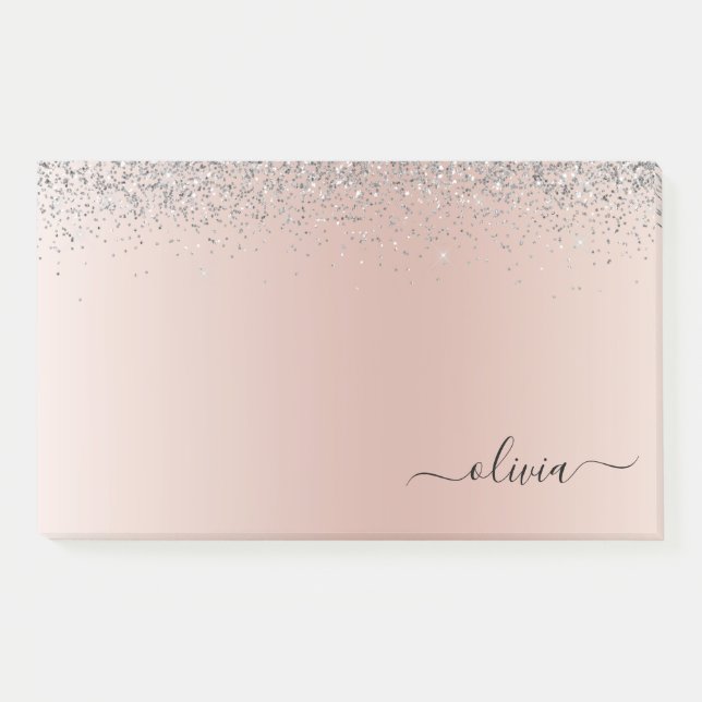 Rose Gold - Blush Pink Silver Glitter Monogram Post-it Notes (Front)