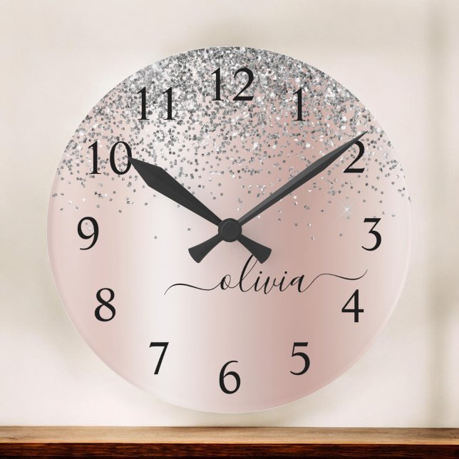 Rose Gold - Blush Pink Silver Glitter Monogram Round Clock (Creator Uploaded)