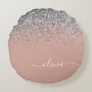 Rose Gold Blush Pink Silver Glitter Monogram Round Cushion